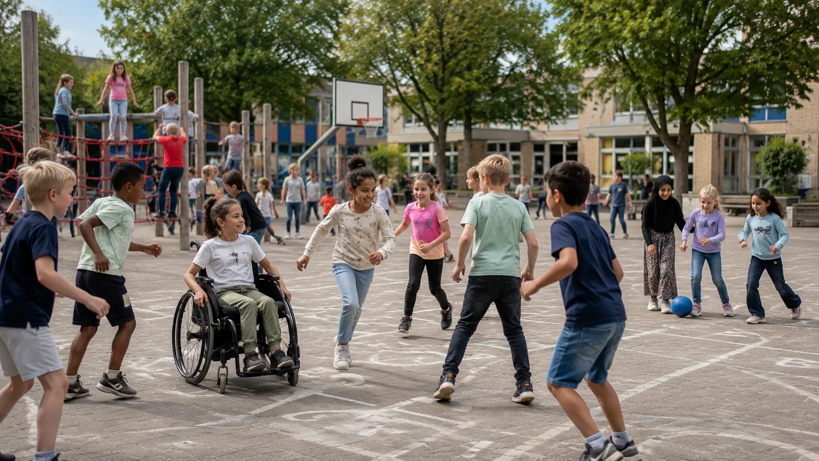 Kinderen spelen samen, een van hen in een rolstoel