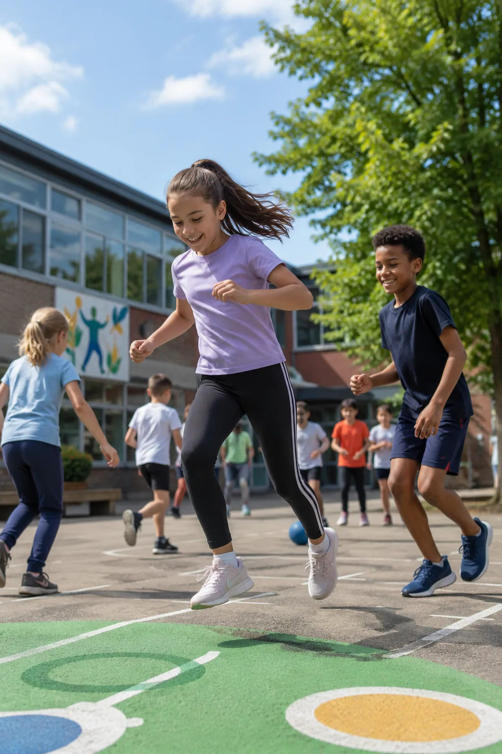 Kinderen spelen op een schoolplein met belijning
