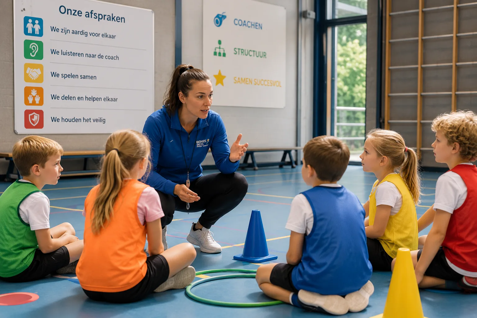 Begeleider in gesprek met een groep kinderen over de afspraken