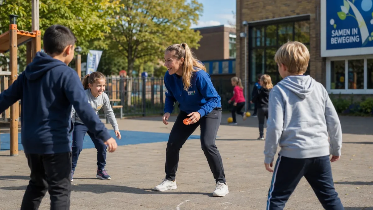 Begeleider speelt mee met kinderen op het plein