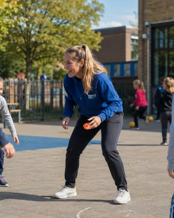 Begeleider speelt mee met kinderen op het plein