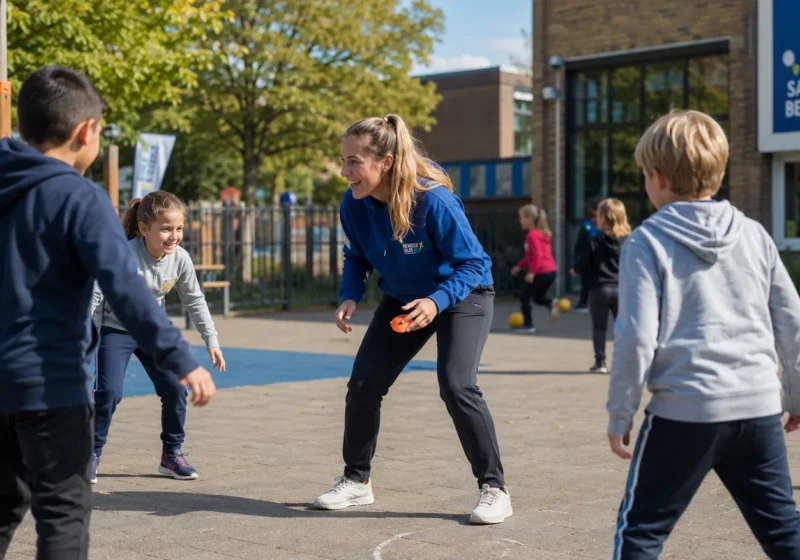 Begeleider speelt mee met kinderen op het plein