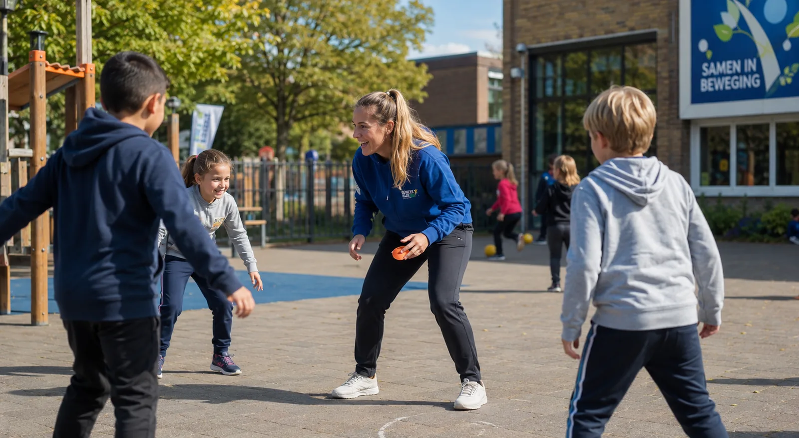 Begeleider speelt mee met kinderen op het plein