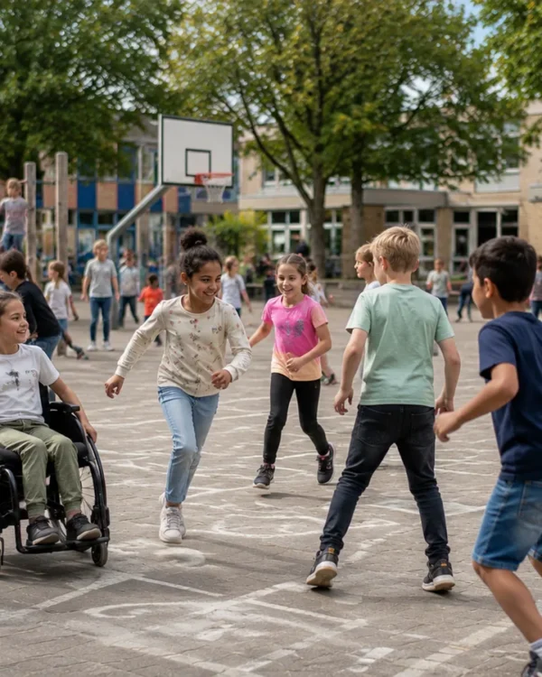 Deelnemers bewegen samen, een van hen in een rolstoel