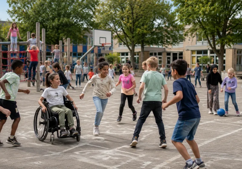 Deelnemers bewegen samen, een van hen in een rolstoel