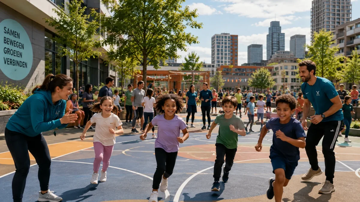 Begeleider en kinderen in beweging op een plein