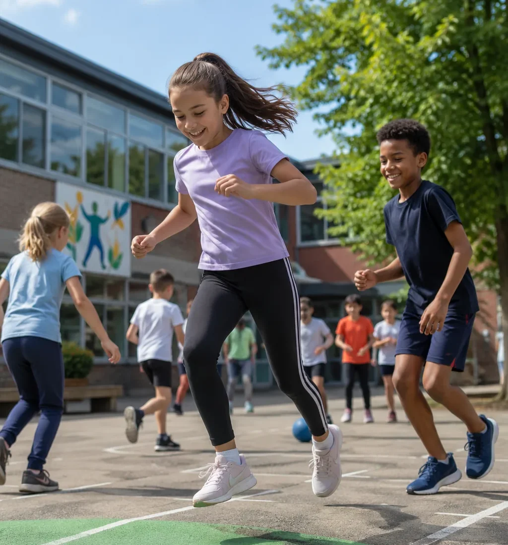 Kinderen spelen op een schoolplein met belijning