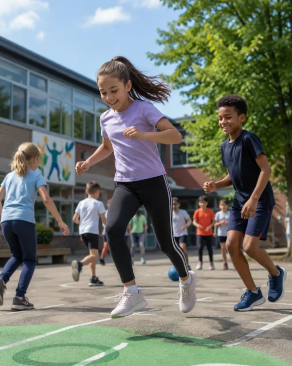 Kinderen spelen op een schoolplein met belijning