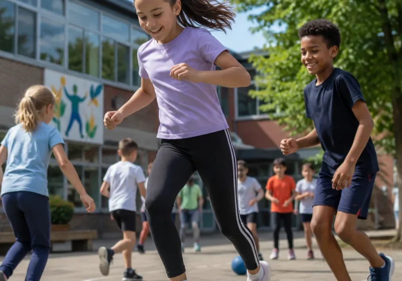 Kinderen spelen op een schoolplein met belijning